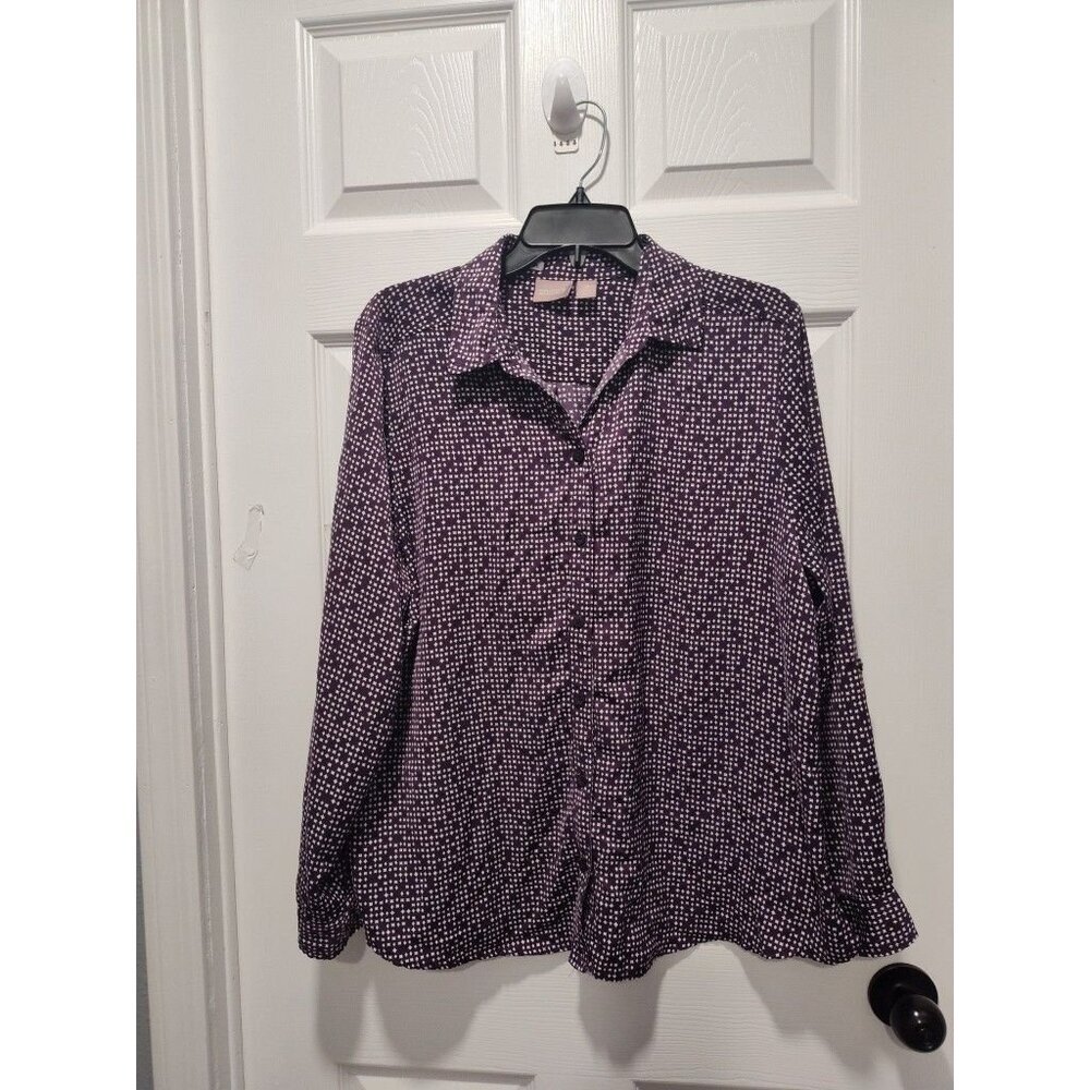 Chicos Size 3 XL/16 Purple White Ditsy Geo Roll Tab‎ LS Buttonup Top Classic EUC